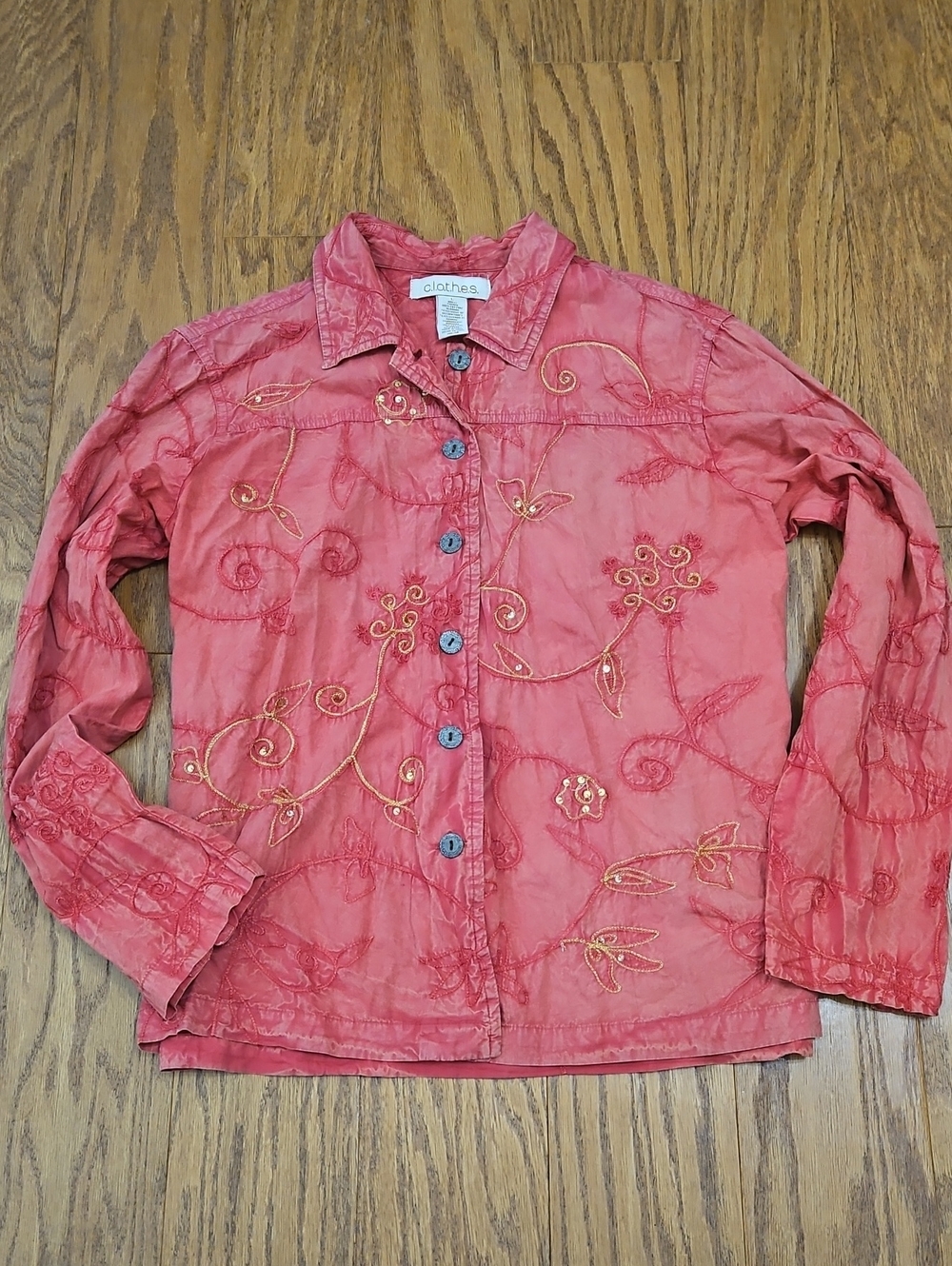 Salmon and Gold Embroidered Embelished Button Down Boho  Shirt Cotton L